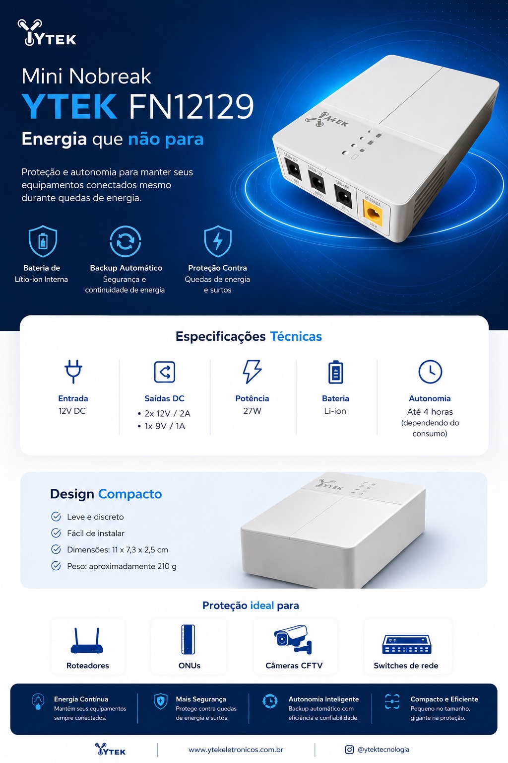 Mini Nobreak YTEK FN12129 — energia que não para: especificações e aplicações